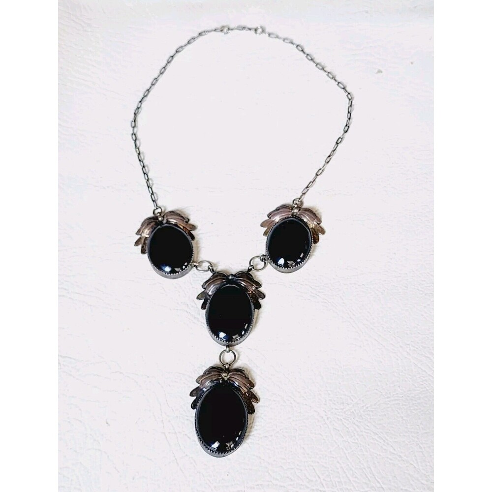 Navajo NS Onyx Necklace Handcrafted Sterling Silver Hand Made Squash Blossom